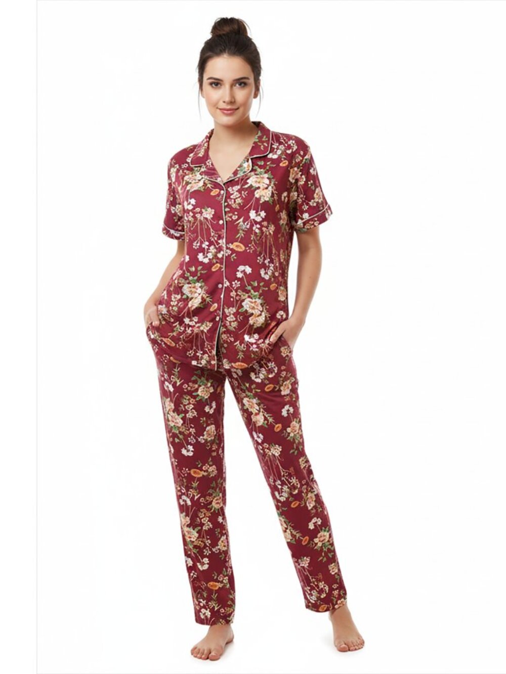 Flora Women’s Pajama Floral Print 2-Piece Set Short Sleeve Top Long Pants Size L